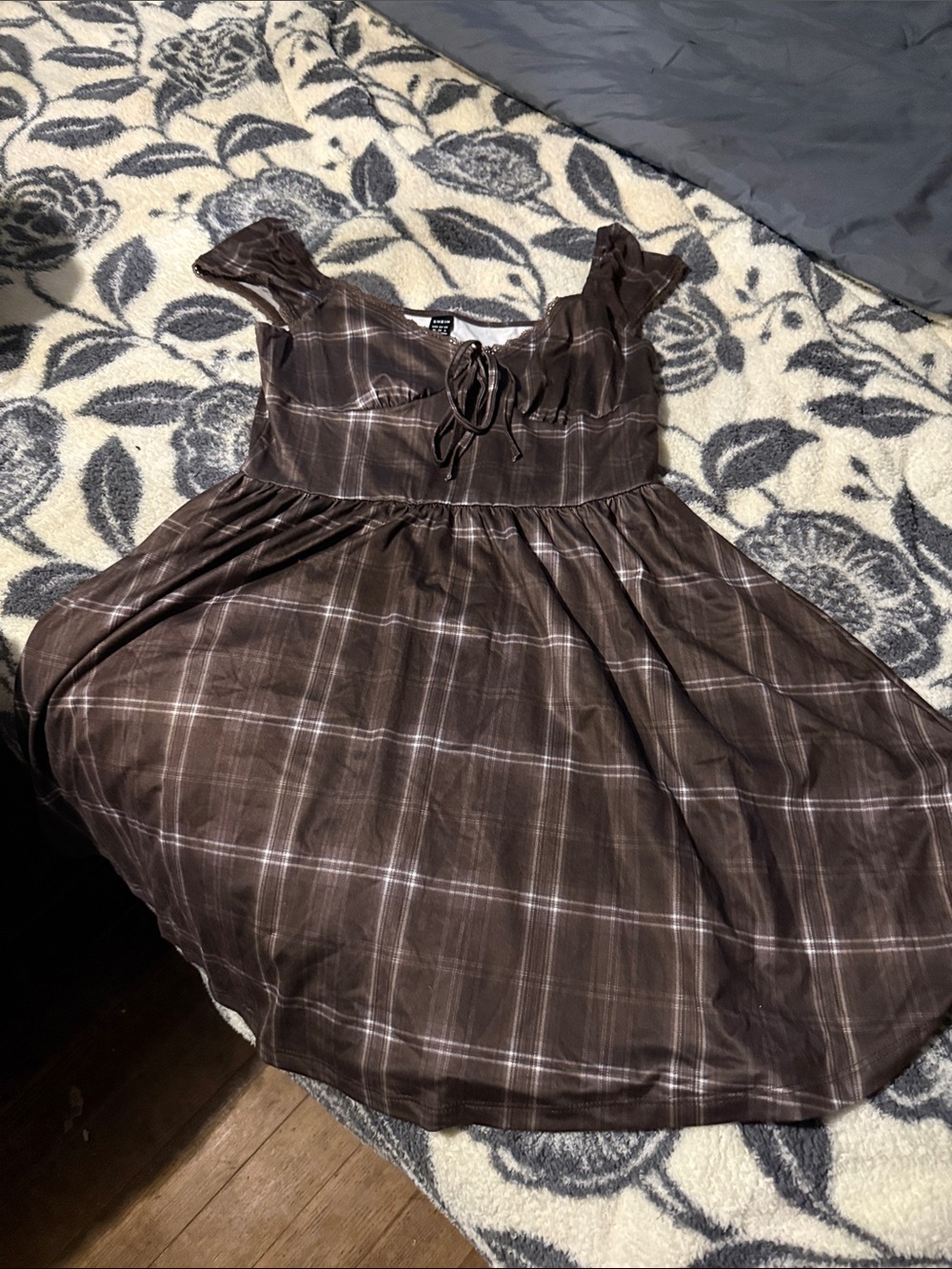 SHEIN Brown Plaid Tie-Front Flutter Sleeve Dress